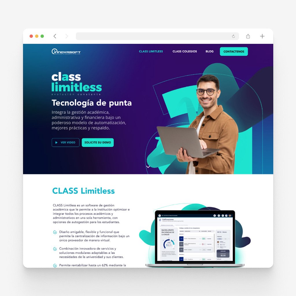 Purple gradient landing page for Class Limitless by Innovasoft, the product name beside a smiling man with a laptop, over a white product section