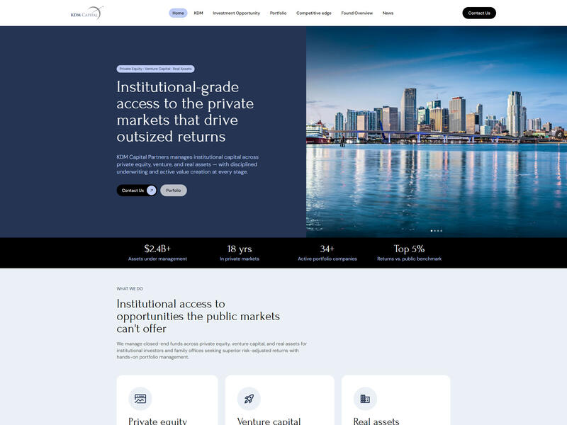 Navy landing page for KDM Capital Partners, a Miami skyline beside the headline and a row of figures below