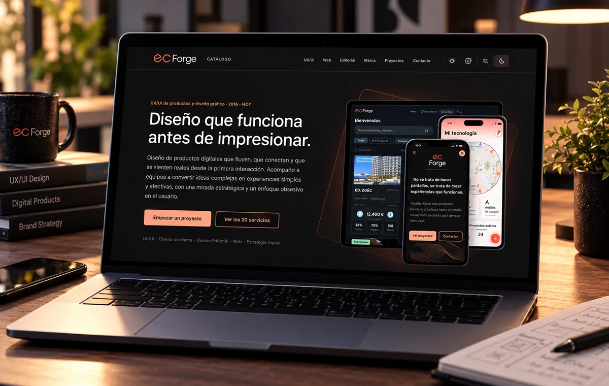 The E&C Forge catalog in dark mode: the headline about design that works before it impresses, two calls to action, and a cluster of product screens on the right