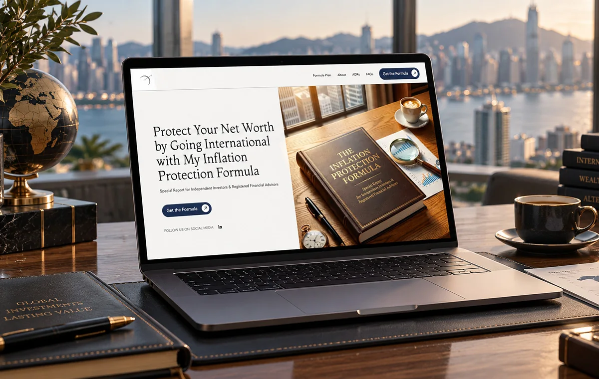 The Inflation Protection Formula landing page: a serif headline about protecting net worth by going international, beside a photograph of the printed report, with a single Get the Formula button