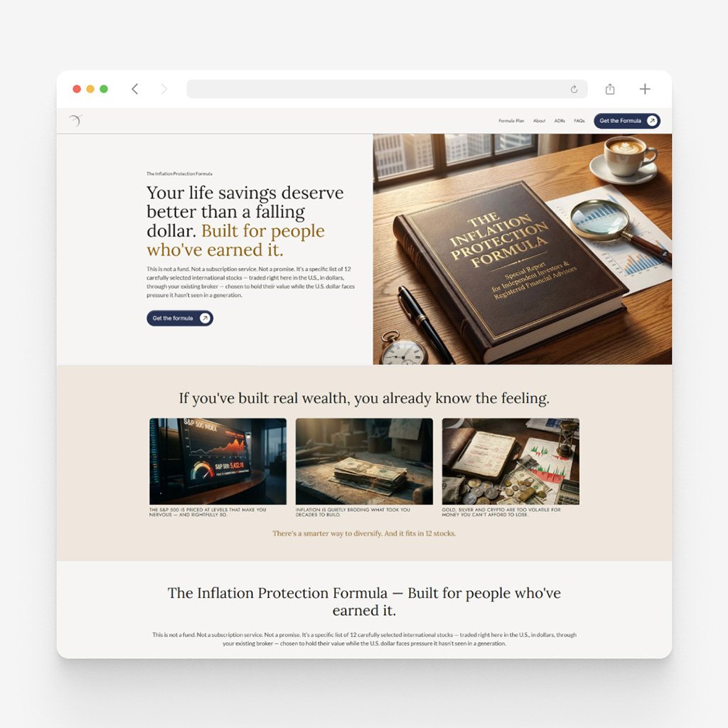 Cream landing page headed Your life savings deserve better than a falling dollar, beside a photograph of a bound book