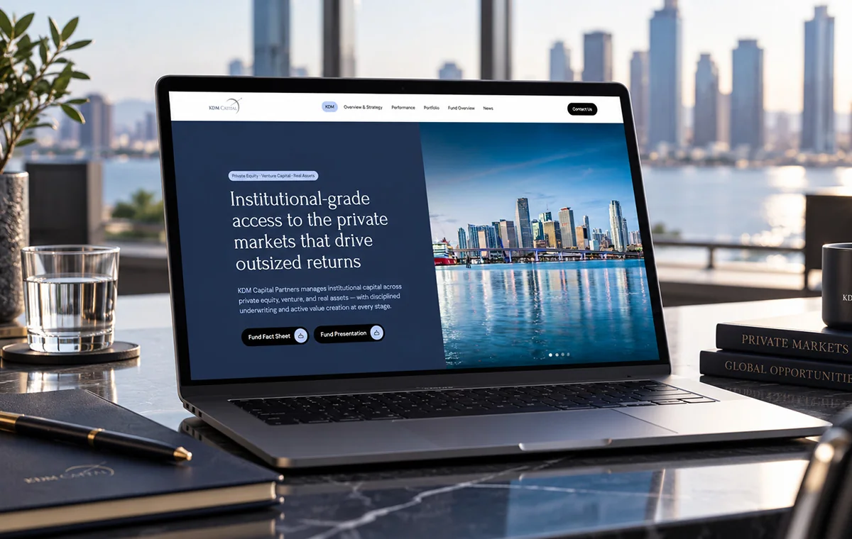 KDM Capital Partners landing page on a laptop: a navy hero headed about institutional-grade access to private markets, beside a Miami skyline photograph, with fact sheet and presentation download buttons