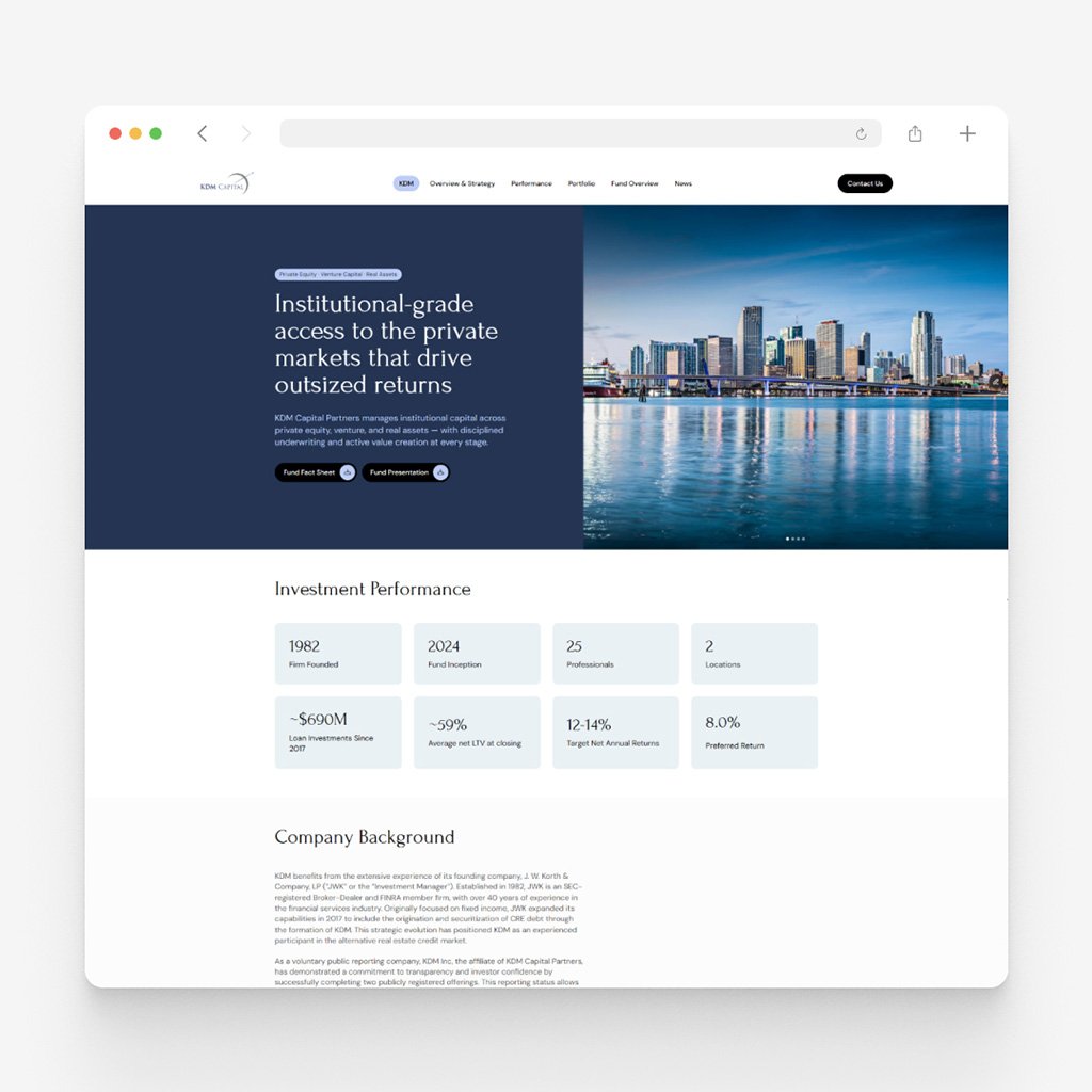 Navy landing page for KDM Capital Partners, a Miami skyline beside the headline and a grid of performance figures below