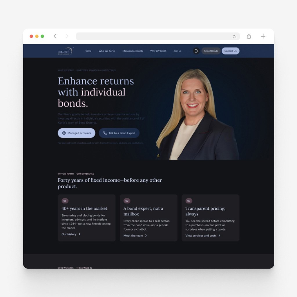 Dark navy landing page for J W Korth headed Enhance returns with individual bonds, a portrait beside the headline and three reason cards below