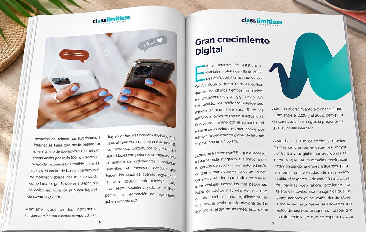 Open magazine spread for Class Limitless: a photograph of two hands holding phones on the left page, and on the right a headed article in three columns with a teal wave graphic