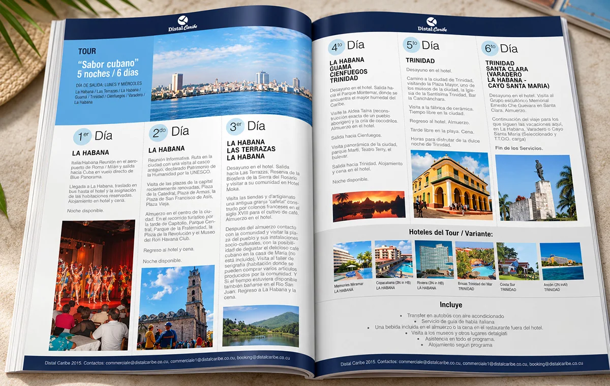 Open tour catalogue spread for Distal Caribe: a Havana skyline header over a day-by-day itinerary in numbered columns, with hotel thumbnails and an inclusions list