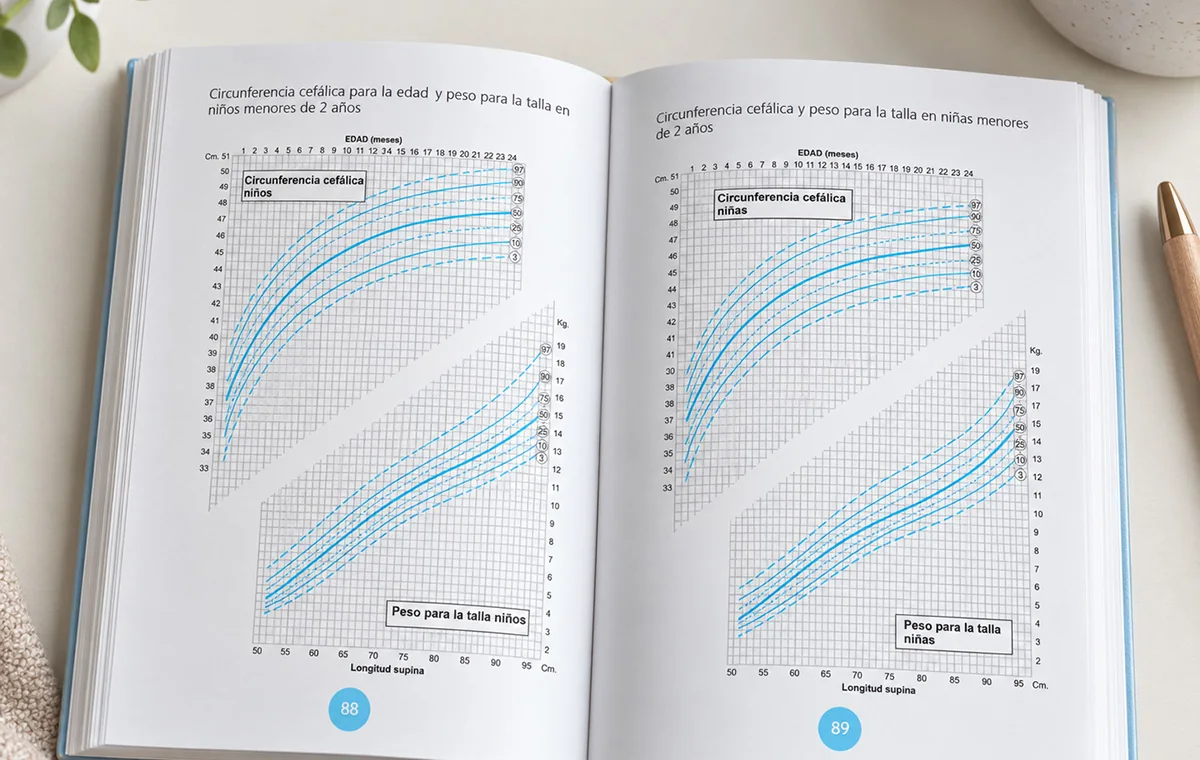 Open book spread from a clinical reference manual: two pages of paediatric growth charts plotted on fine blue grids, with numbered page folios