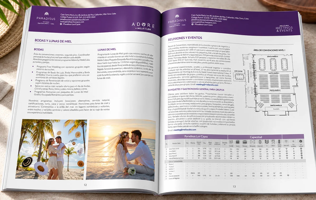 Open brochure spread for Paradisus Los Cayos in purple: weddings and honeymoons on the left, meetings and events on the right with a floor plan and a venue capacity table