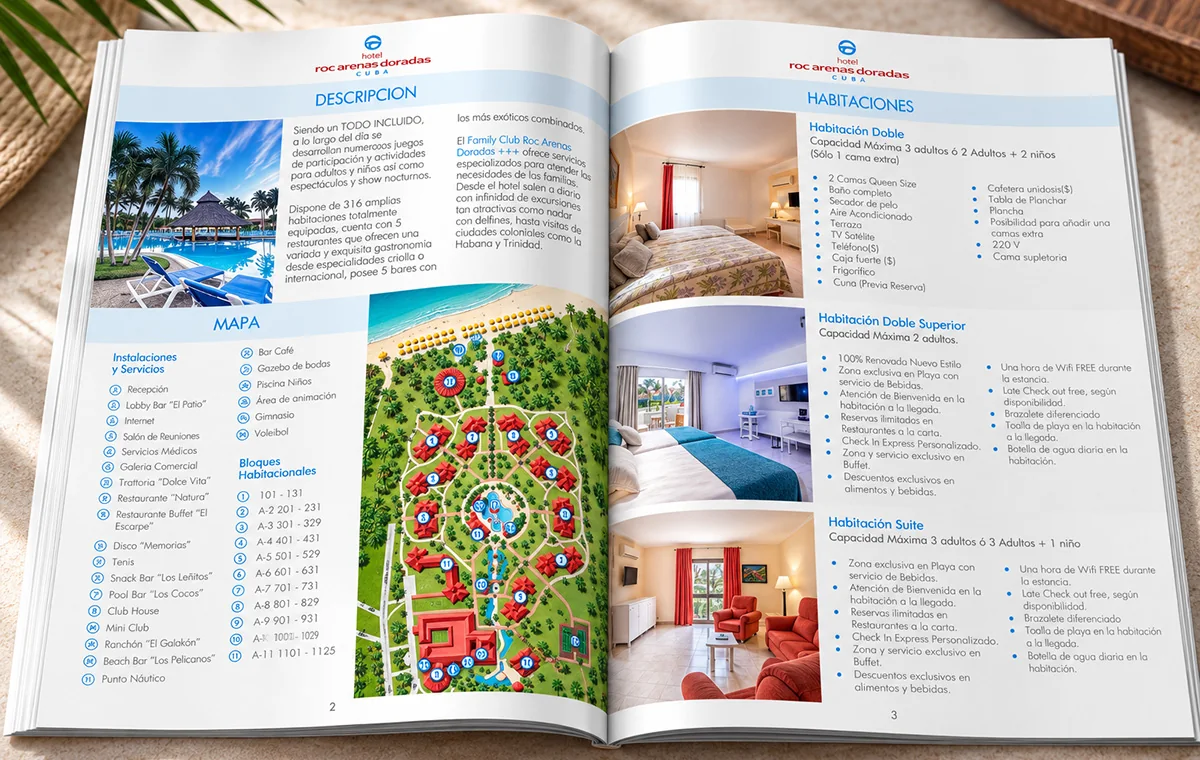 Open brochure spread for Hotel Roc Arenas Doradas: a description and an illustrated resort map on the left, and three room types with photographs and feature lists on the right