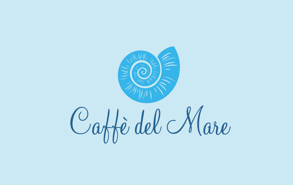 Caffe del Mare logo, a blue spiral shell above the name in script, on pale blue