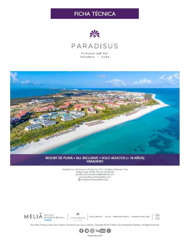 Opening page of a resort fact sheet, a purple banner above an aerial photograph of a beach resort