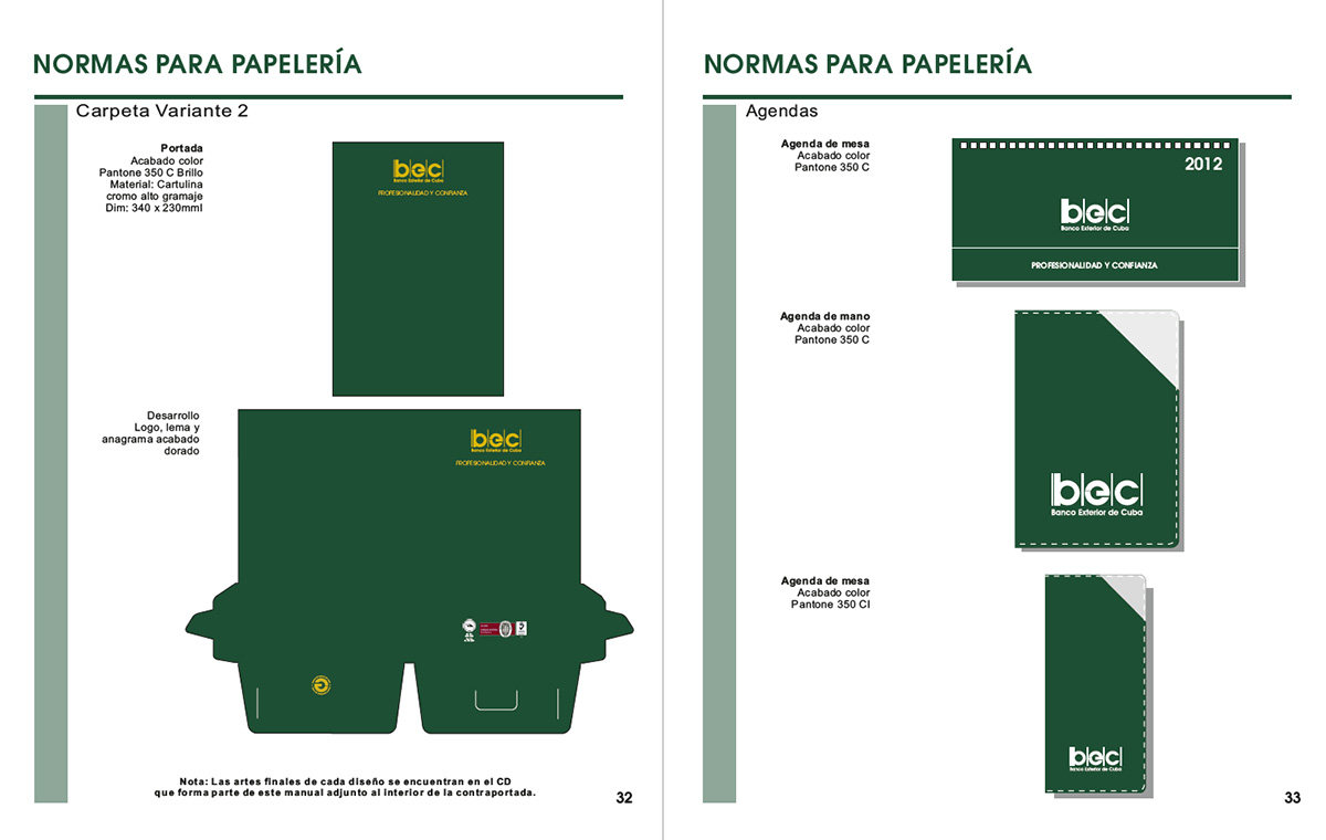 Spread from the Banco Exterior de Cuba manual, stationery standards for a folder in deep green with the mark in gold