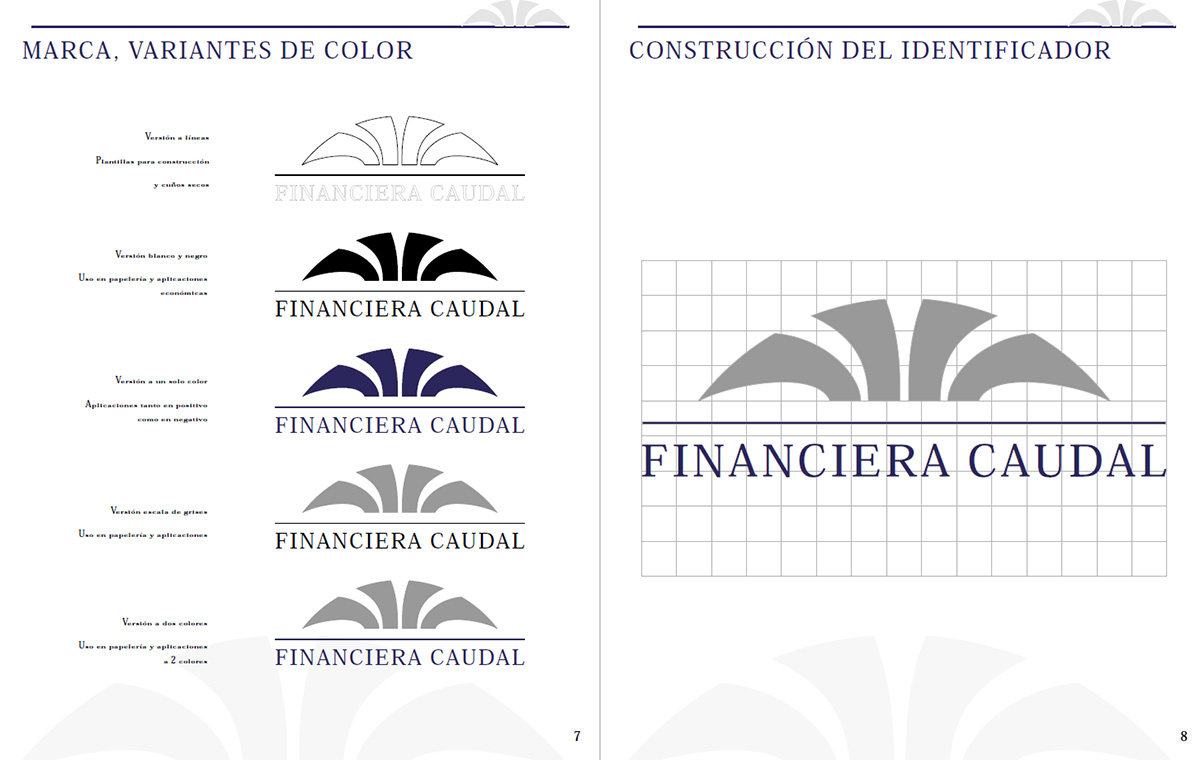 Spread from the Financiera Caudal manual, document envelope specifications in navy on manila paper