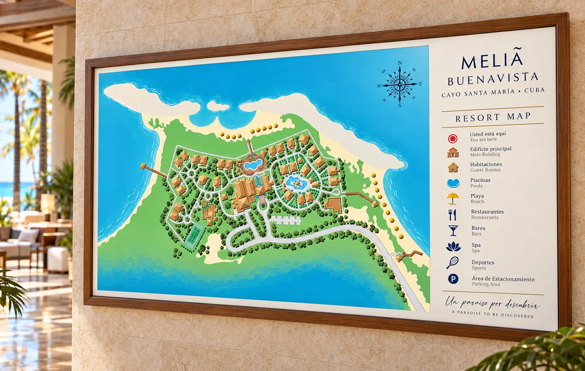 Mockup of the Meliá Buenavista resort map on a lobby wall: the cay drawn with its beaches and bungalows, a compass rose, and a legend in Spanish and English