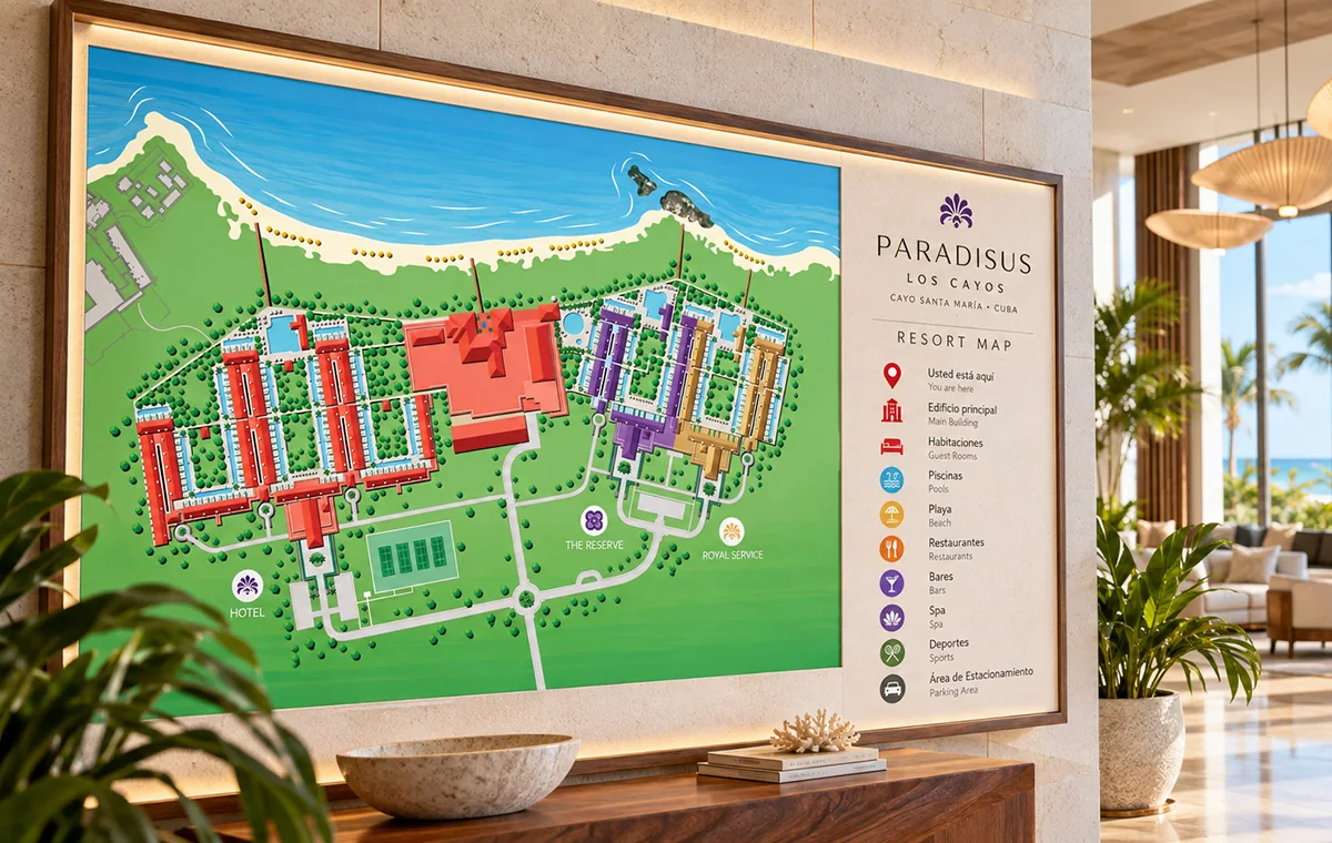 Mockup of the Paradisus Los Cayos resort map mounted on a lobby wall: an illustrated plan of the buildings, pools and beach beside a colour-coded legend in Spanish and English