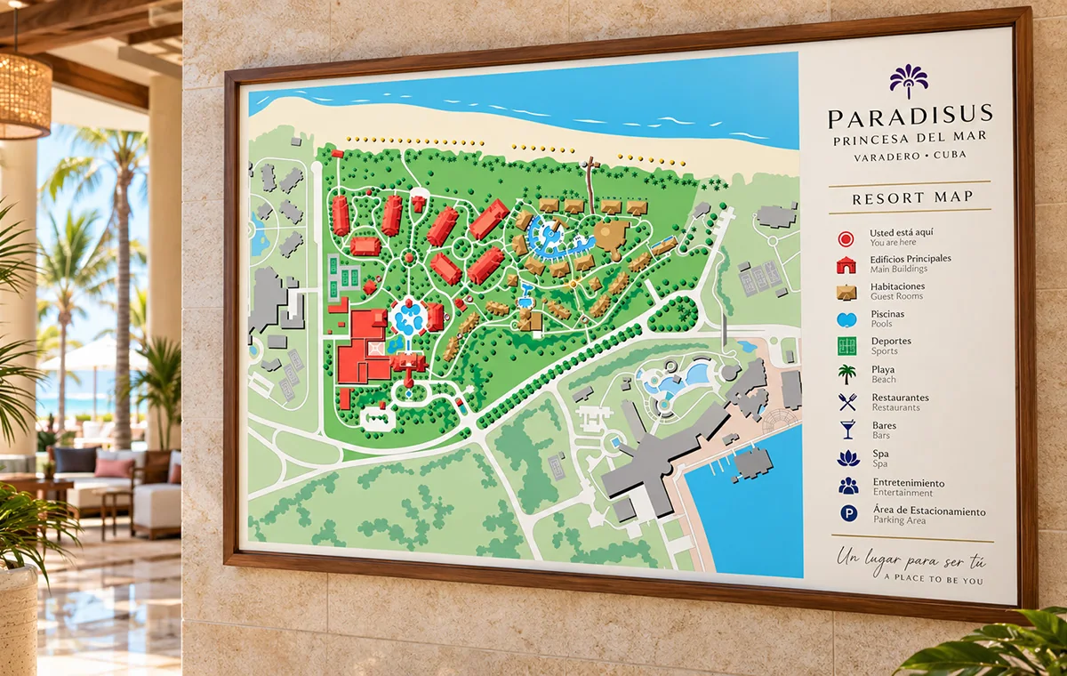 Mockup of the Paradisus Princesa del Mar resort map on a lobby wall: the grounds in red and green with paths and pools, beside an eleven-item legend in Spanish and English