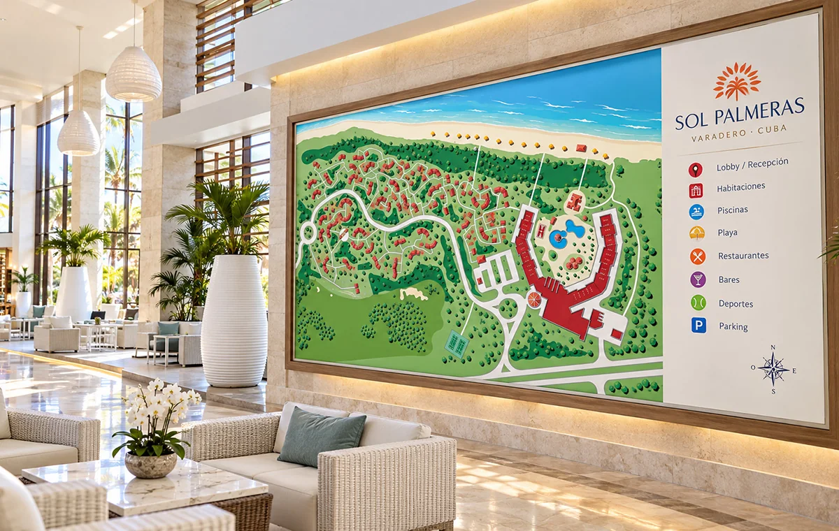 Mockup of the Sol Palmeras resort map filling a lobby wall: red bungalows scattered through green grounds down to the beach, with a legend of eight icons
