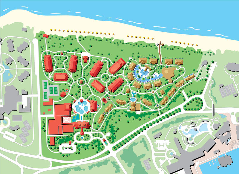 Illustrated aerial map of a beachfront resort, red and thatched buildings among green gardens between the beach and the road