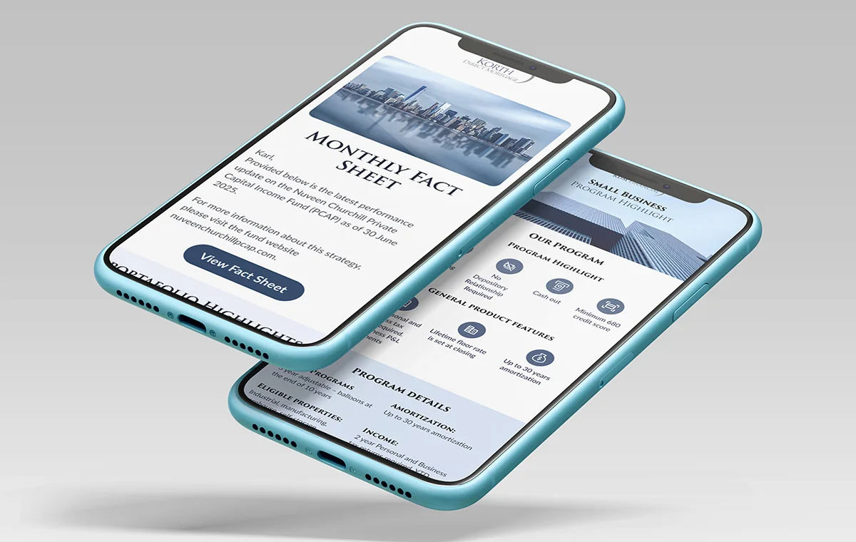 Two phones showing KDM emails: a Monthly Fact Sheet with a skyline header and a View Fact Sheet button, and a Small Business Program Highlight with feature icons and programme details