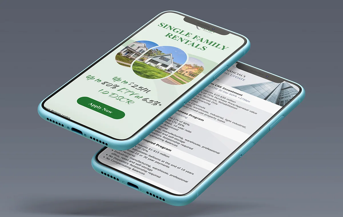 Two phones showing KDM emails: a Single Family Rentals offer in green with an Apply Now button, and a programmes update listing CRE investment, business financing and owner-occupied terms
