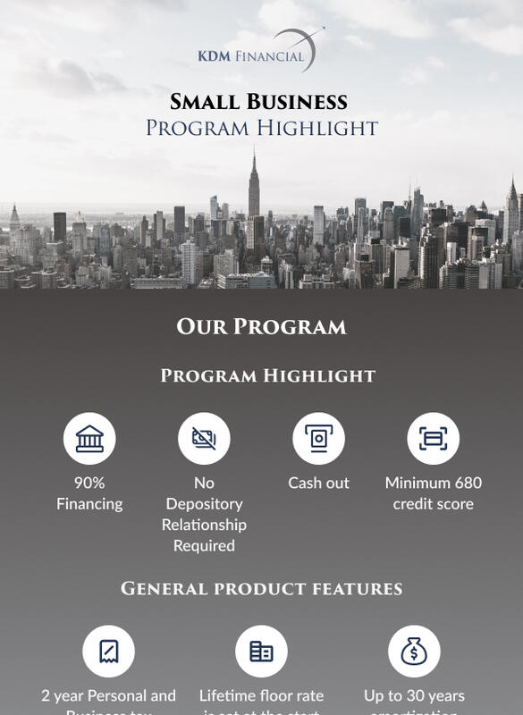 Top of a KDM Financial marketing email, a city skyline header above a row of white benefit icons on slate