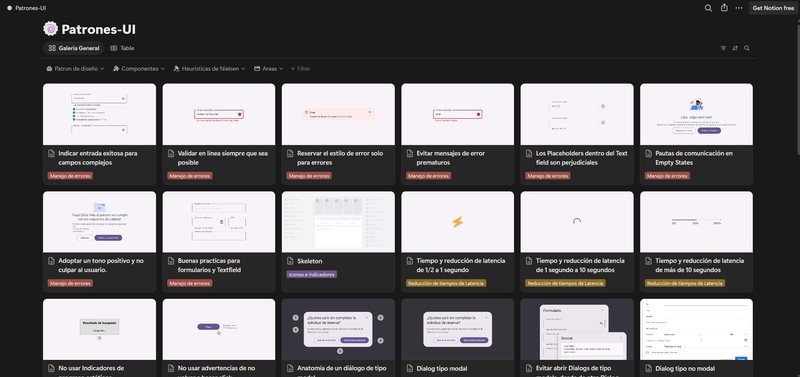 Notion site titled Patrones-UI, a gallery of UI pattern cards with screenshots, each tagged by category such as error handling or latency