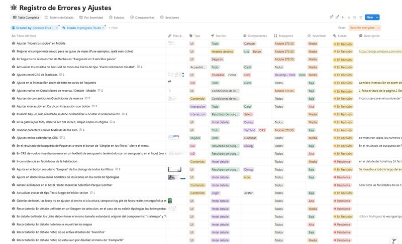 Notion database titled Registro de Errores y Ajustes, a filtered table of issues tagged by type, section, severity and status