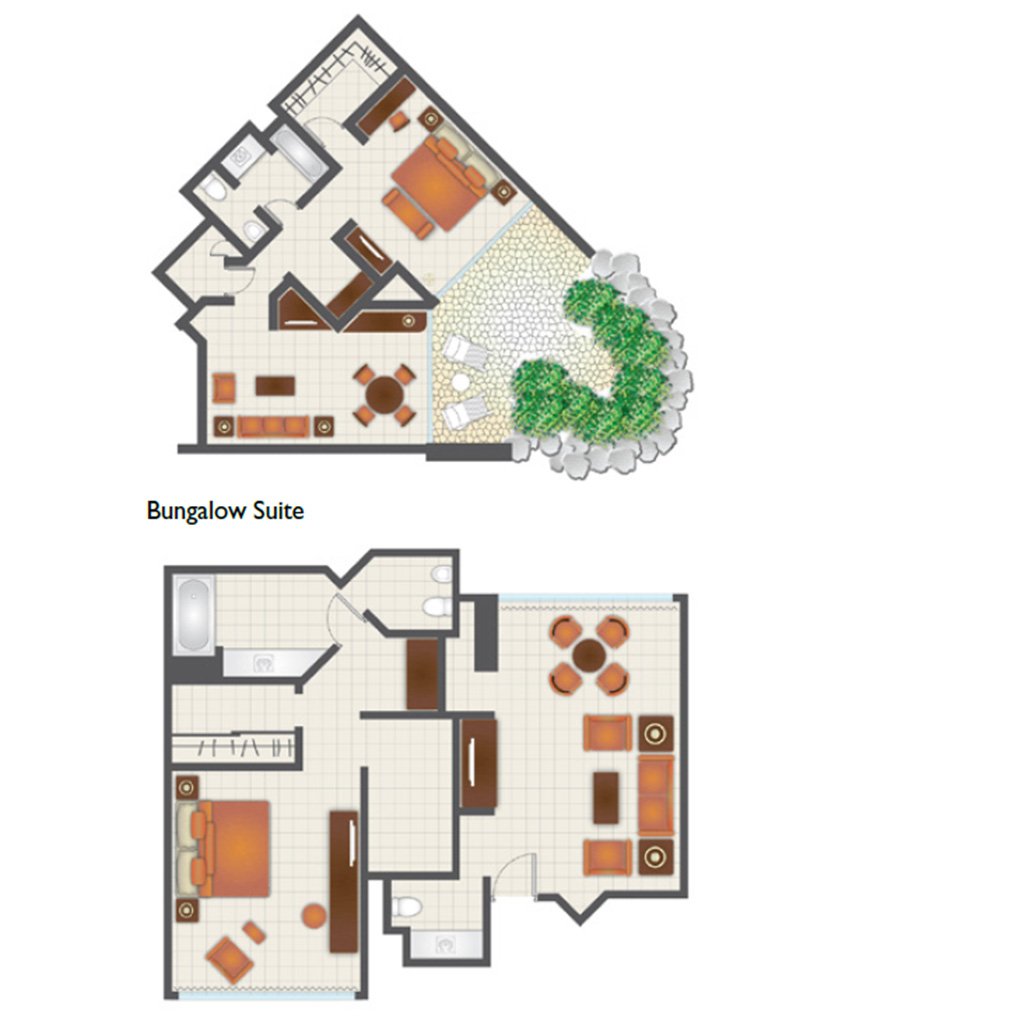 Two furnished plans for a corner suite with a stone terrace and planting, and the Bungalow Suite below it