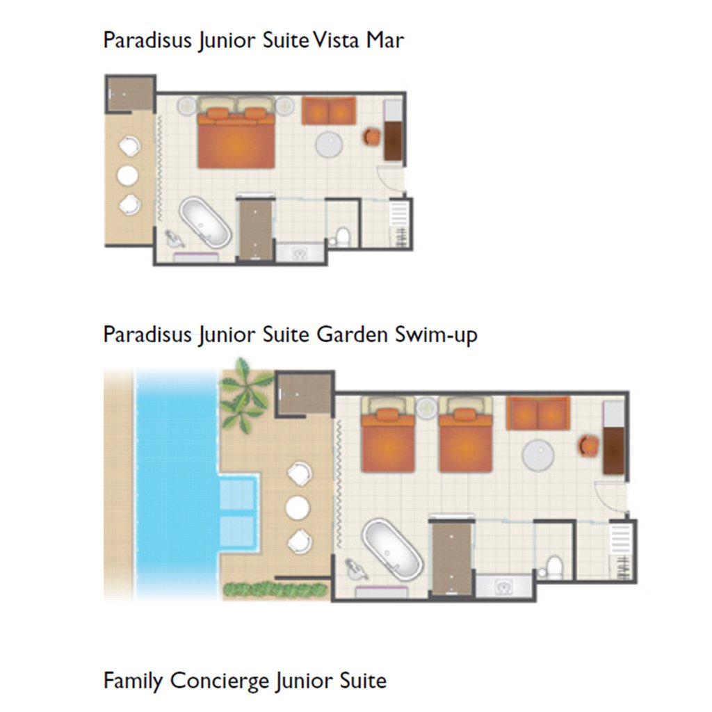 Two furnished plans for the Paradisus Junior Suite Vista Mar and the Garden Swim-up, the second opening onto a private pool