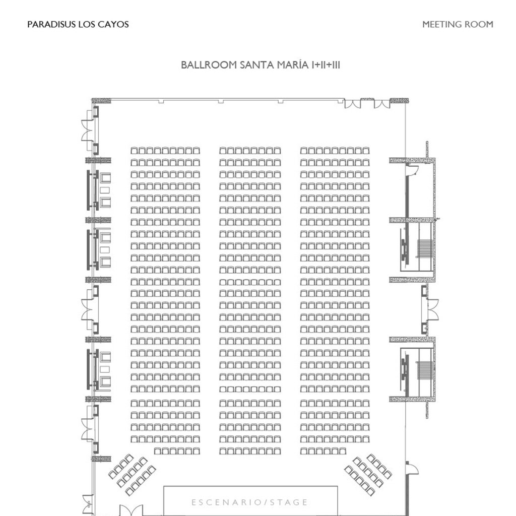 Ballroom Santa Maria I+II+III in full theatre layout: rows of seats facing the stage, with the service doors and stairs along one side