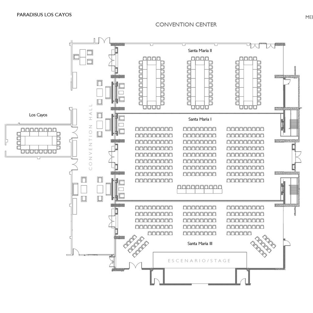 Convention centre plan for Paradisus Los Cayos: three Santa Maria rooms laid out in boardroom and theatre seating beside the convention hall