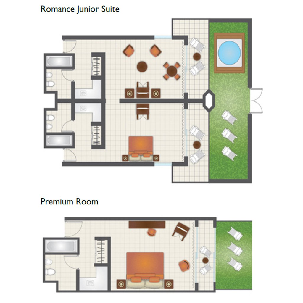 Two furnished plans for the Romance Junior Suite with its private garden and plunge pool, and the Premium Room with its lawn terrace