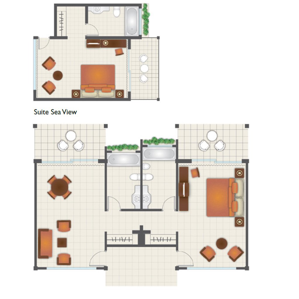 Two furnished room plans for a Suite and a Suite Sea View: beds, seating, terraces and bathrooms drawn in colour from above