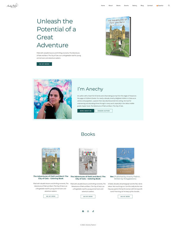 Author site headed Unleash the Potential of a Great Adventure beside a children's book cover, with an author bio below
