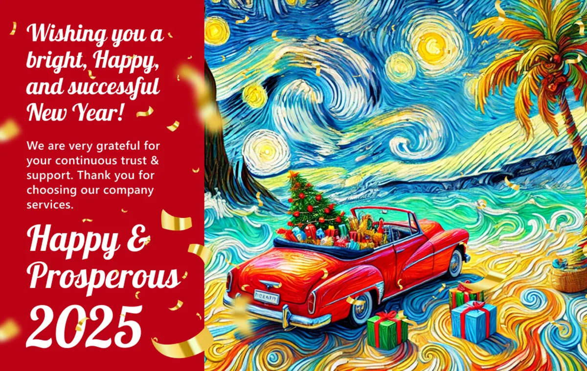 New Year greeting card with a painterly illustration of a red classic car loaded with gifts under palm trees