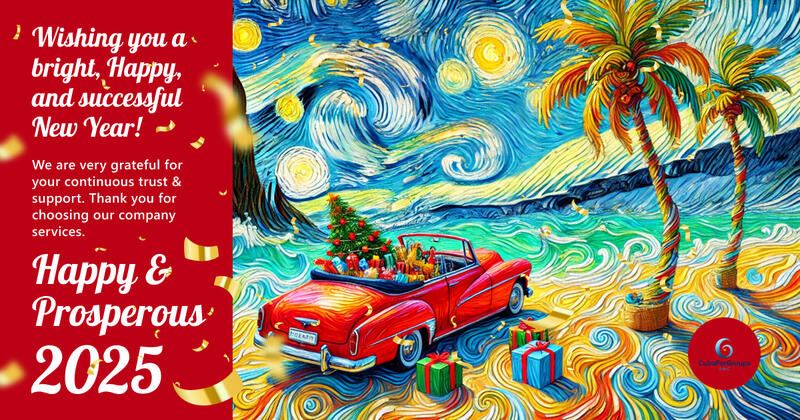New Year greeting card with a painterly illustration of a red classic car loaded with gifts under palm trees