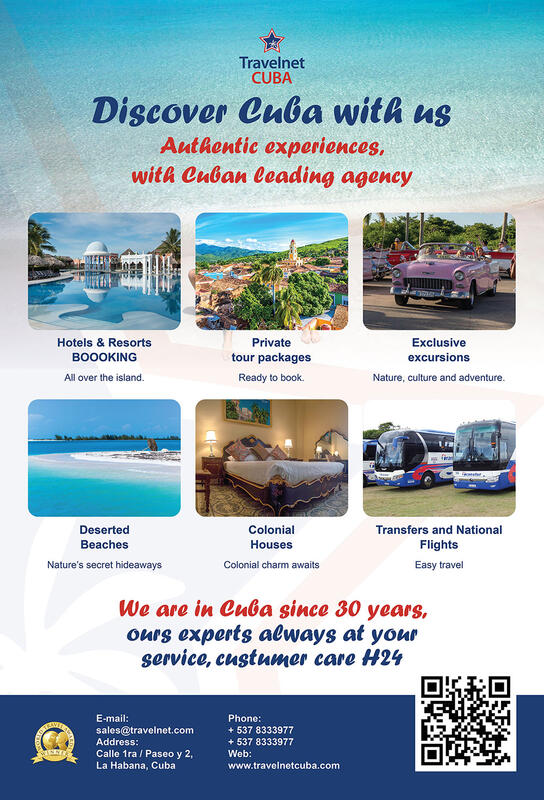 Travelnet Cuba poster headed Discover Cuba with us, six captioned travel photographs above a contact bar with a QR code