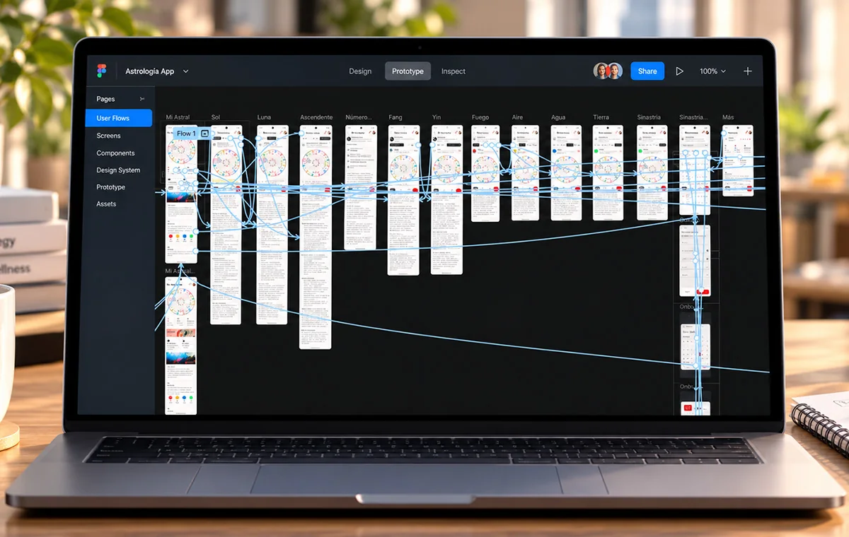Figma prototype view of an astrology app: a dozen screen columns laid side by side and joined by blue connection arrows