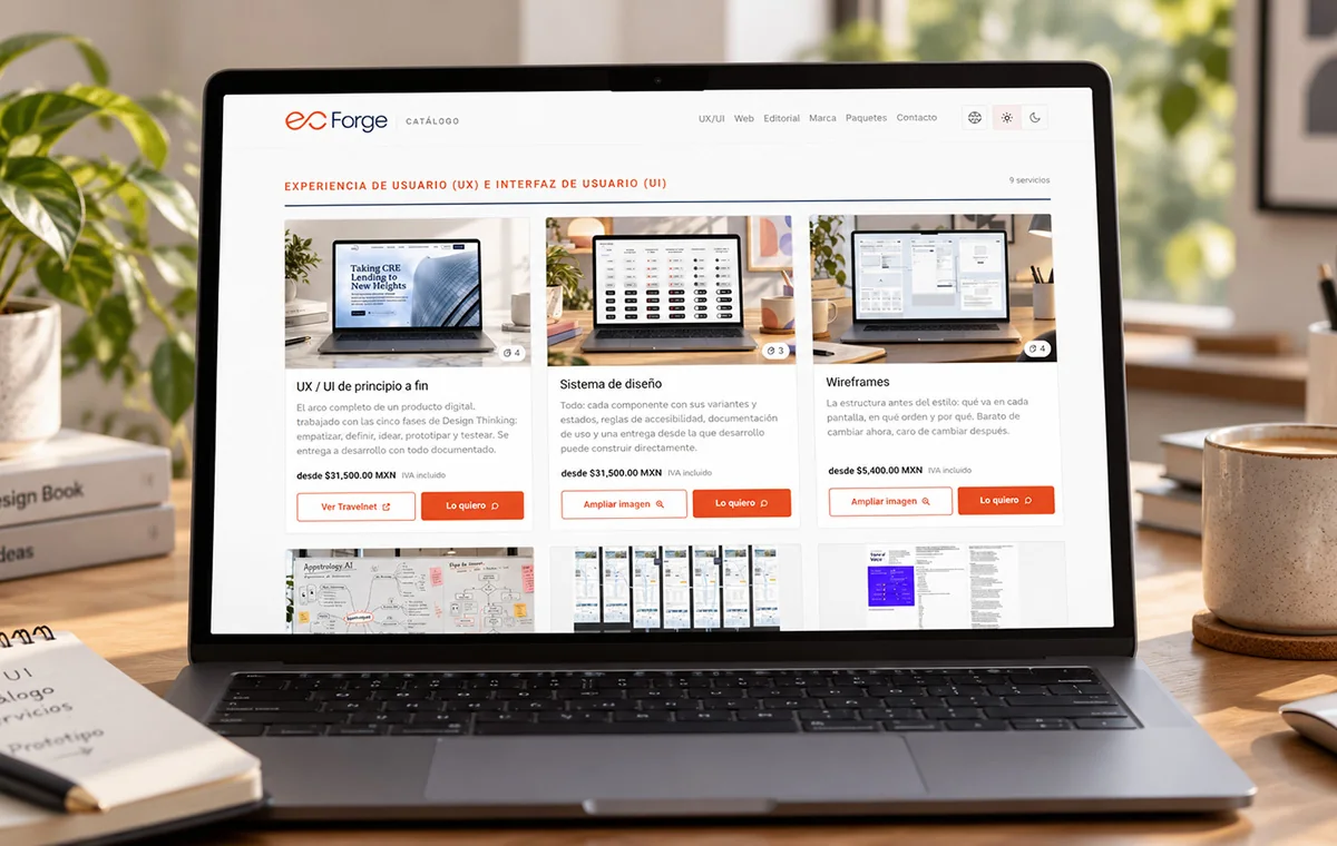 The E&C Forge catalog open in a browser: the UX and UI section with three service cards, each with its image, price and two buttons
