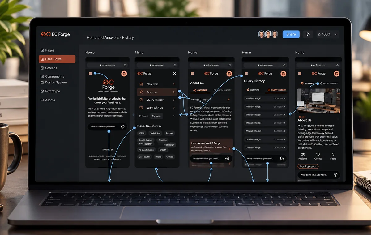 Figma user flow for the E&C Forge site: home, menu, answers and query history connected in sequence over a dark canvas