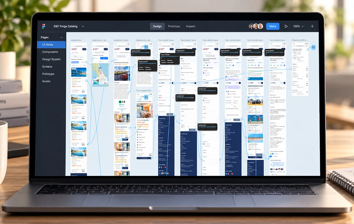 Figma UI flows for a booking platform: accommodation and tour screens in columns, with annotation notes and connection arrows between them