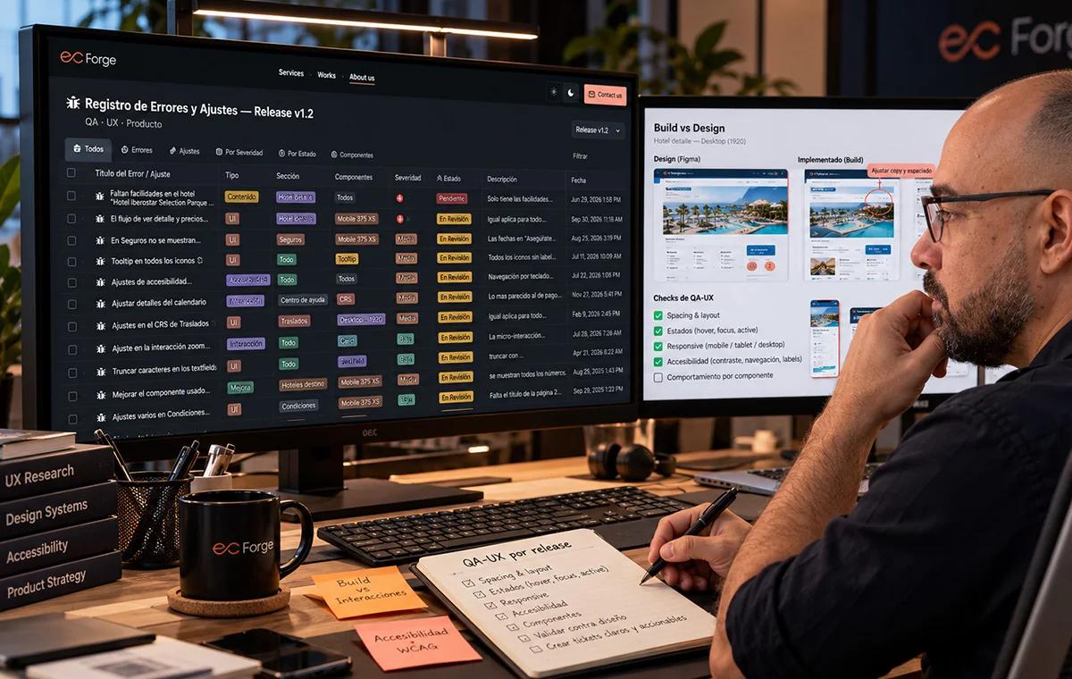 A QA-UX workstation: an issue log for release v1.2 tagged by type, section, severity and status, beside a design-versus-build comparison of a hotel page with its checklist