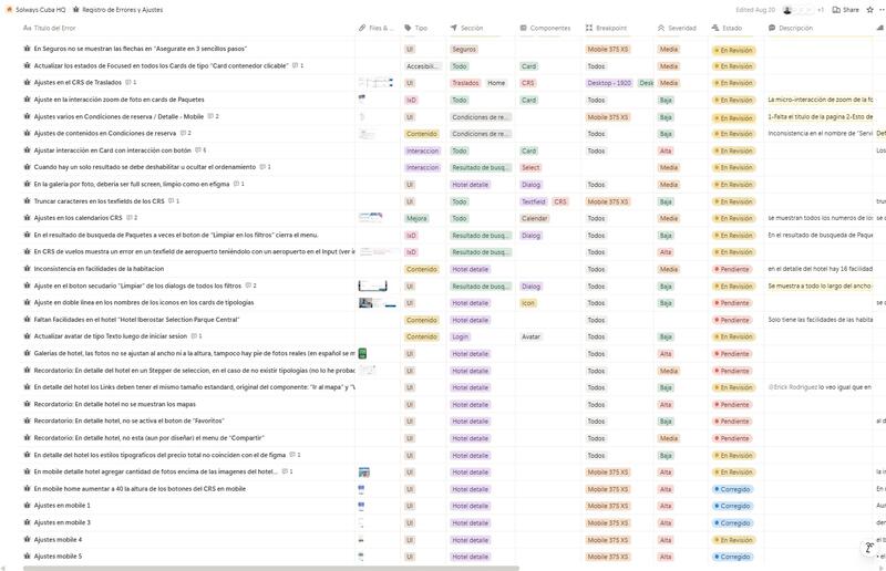 A filtered issue-tracking table, each row tagged with type, section, severity and status