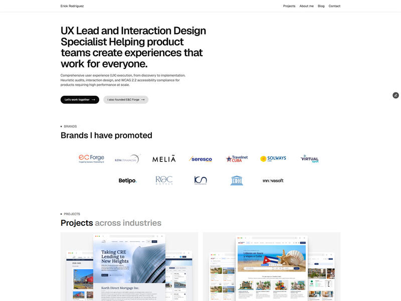 Light portfolio home page headed UX Lead and Interaction Design Specialist, above a row of client logos