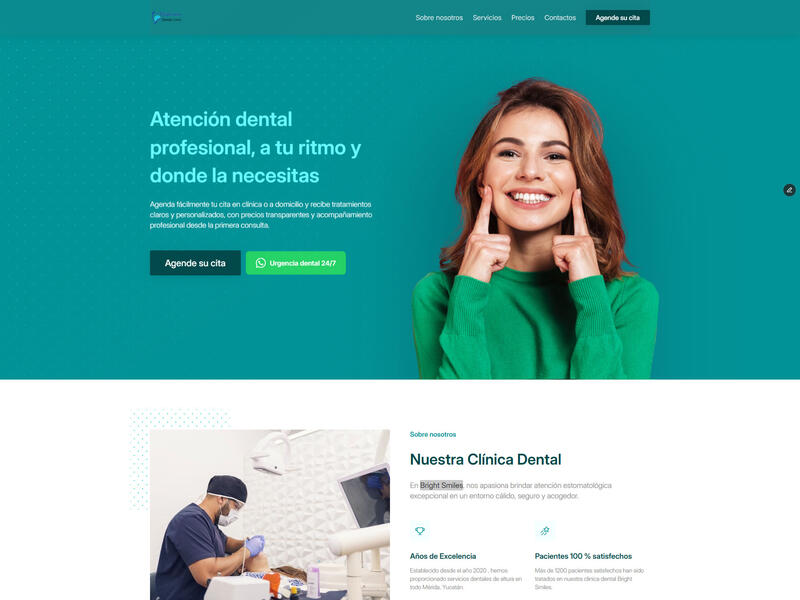 Teal dental clinic home page, a smiling patient beside the headline and two appointment buttons