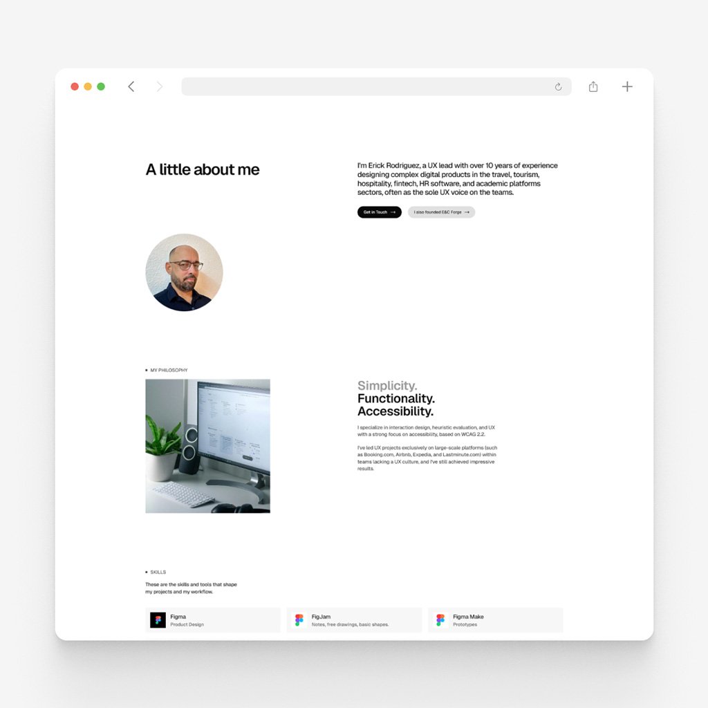 About page of erickuxui.com headed A little about me, a portrait beside the bio, a philosophy section and a row of tool cards