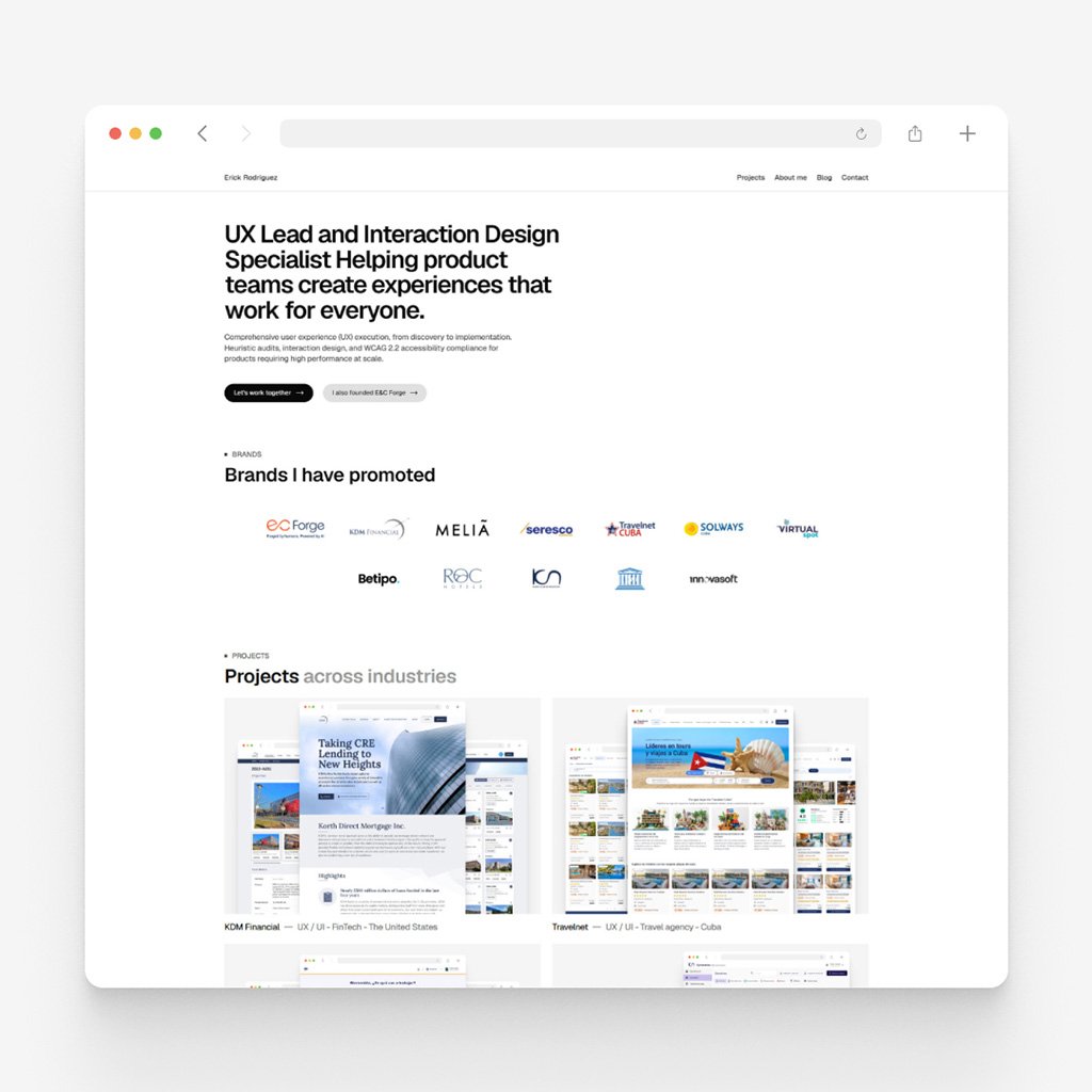 Home page of erickuxui.com: the headline UX Lead and Interaction Design Specialist above a row of client logos and a grid of project cards