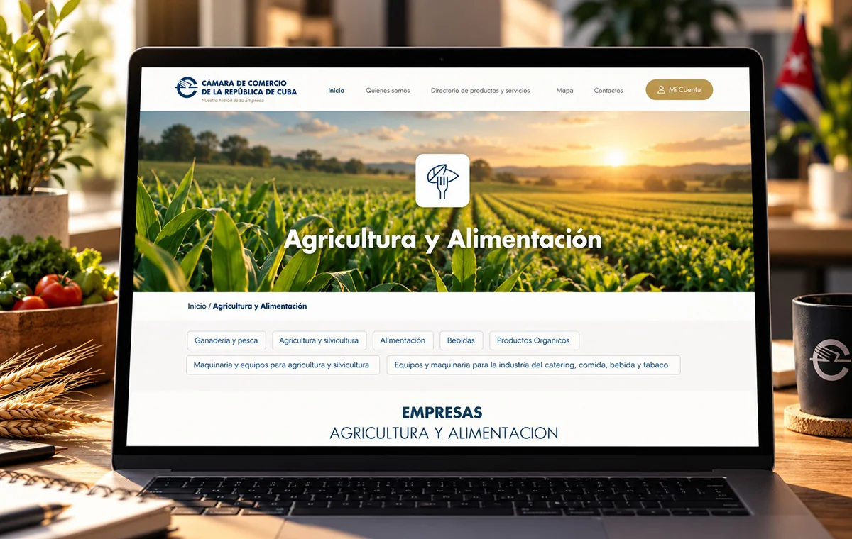 Cuban Chamber of Commerce site on a laptop: an Agriculture and Food section with a photo banner over filter chips for livestock, forestry, drinks and organic products, and the company listing below