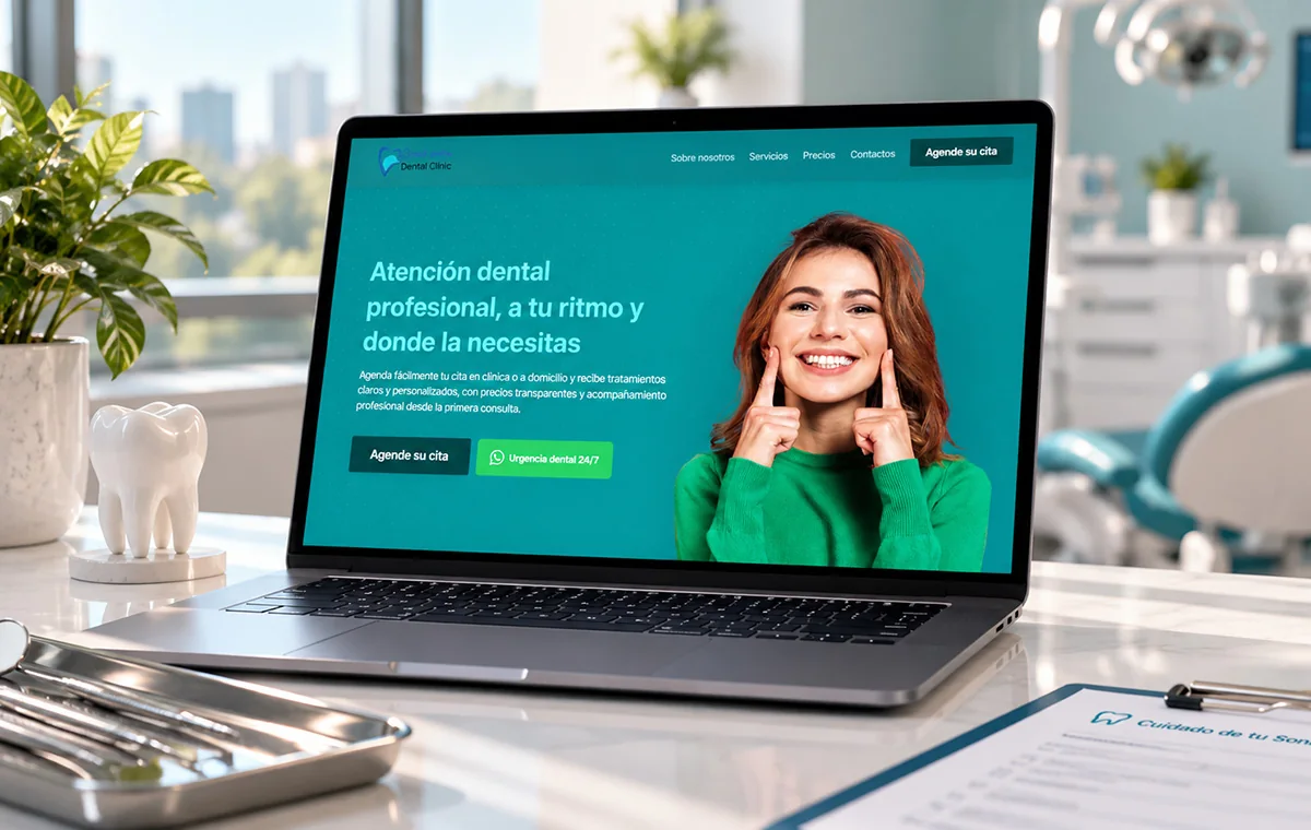 Dental clinic home page on a laptop, teal: the headline Atención dental profesional beside a smiling patient, with buttons to book an appointment and reach 24/7 emergency care