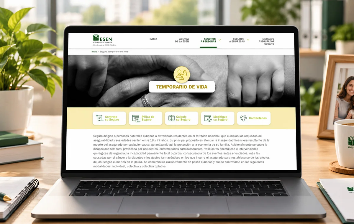 ESEN national insurance site on a laptop: a term life insurance page with a black-and-white banner of clasped hands over four actions — take out, policy, calculate and change your insurance